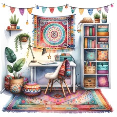 Colorful, cozy home office with bohemian decor, vibrant textiles, indoor plants, and a comfortable chair for creative work.
