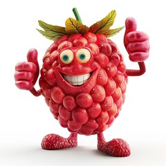 3D bell Raspberry mascot, smiling, showing thumb's up, with two legs, isolated on white