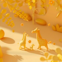 Fototapeta premium Two giraffes standing in a yellow field with flowers and butterflies. The giraffes are wearing crowns and there are other giraffes in the background