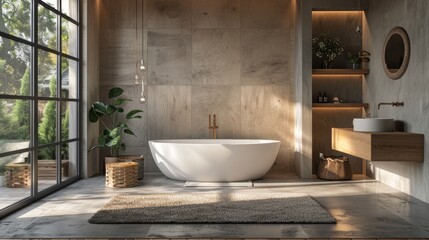 A contemporary bathroom with a simple, modern design, featuring a sleek bathtub, a minimalist vanity, and clean lines, creating a spa-like atmosphere.