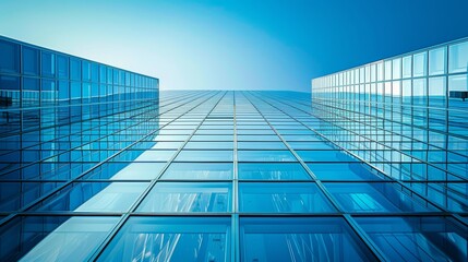 Obraz premium A futuristic glass skyscraper reflecting a clear blue sky, showcasing modern architecture and a sense of clarity and transparency.