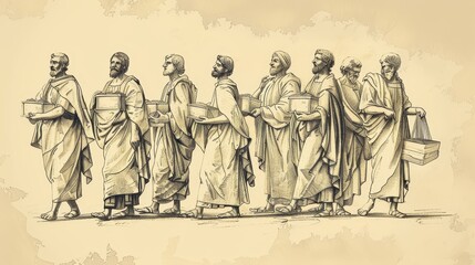 Fototapeta premium Parable of the Ten Minas Illustration: Servants Managing Money, Beige Background, Biblical Copyspace