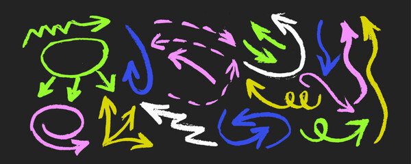 Collection  curved arrows  painted bold brush. Hand drawn vector thick marker arrows. Curved and wavy brush strokes. Seamless banner with vector direction pointers. Bold brush strokes with scratches.