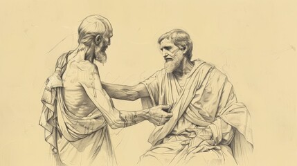 Fototapeta premium Parable of the Good Samaritan Illustration: Samaritan Helping Injured Man, Beige Background, Biblical Copyspace