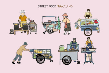 Street food in Thailand collection. Hand drawn style vector illustration.