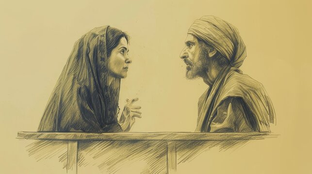Parable of the Unjust Judge Illustration: Widow Persistently Asking Justice, Beige Background, Biblical Copyspace