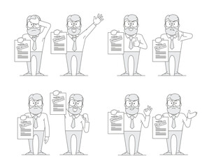 Man shows a document. Variant with an approved inscription and rejection. Getting permission. Character - a man with glasses and a beard. Office worker. Illustration in line art style. Vector