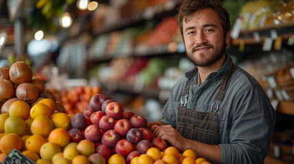 A young man assistant poses beside fresh vegetables, smiling at the camera in vegetable shop