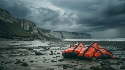 Set of life jackets left abandoned on a stoney beach in England, with high cliffs in background and dark stormy clouds