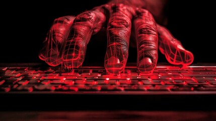 A close-up image of a persons hand hovering over a computer keyboard with red warning messages...