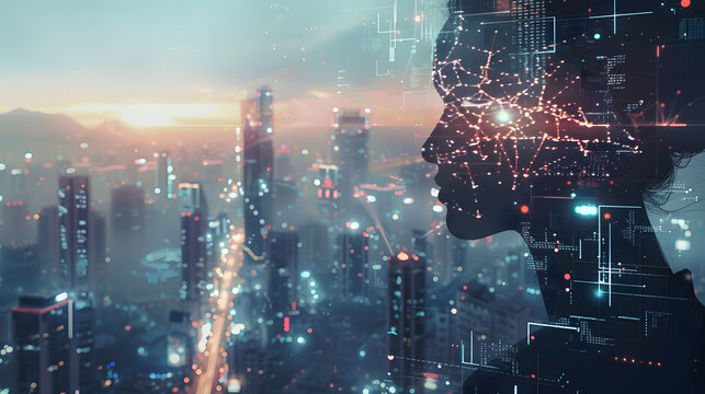 Silhouette of a woman against the backdrop of a fantastic futuristic city. AI Generated