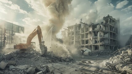 A wide-angle photo capturing a demolition crew dismantling a building with an excavator, creating a cloud of dust and debris