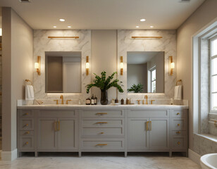 a high-quality 3D render of a luxurious bathroom featuring a spacious vanity with two sinks and a large mirror. Use premium materials such as marble countertops, sleek fixtures, and a glass-enclosed