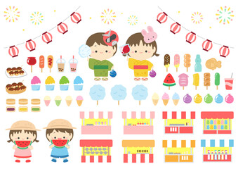 夏祭りのイラスト素材セット、子供と屋台の食べ物のベクターイラスト