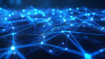 Obraz premium Minimalistic network of glowing blue nodes and lines forming abstract geometric shapes, dark blue background, high-tech digital connections, futuristic feel. Generative AI illustration 