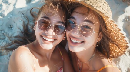 Two women sunbathing on a beach