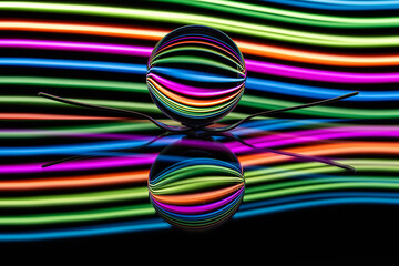 Bunte Striche einer Leichtzeichnung spiegeln sich in Glaskugel und auf Glasplatte