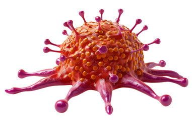 A 3D illustration of a cancer cell with a spiky, irregular shape and a bright orange and pink color scheme.