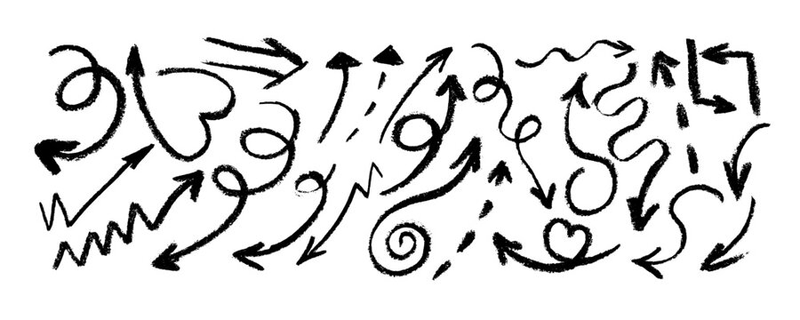 Collection of arrows. One-stroke drawing. Hand-drawn by brush. Straight, round, thick, thin, spiral signs and icons.