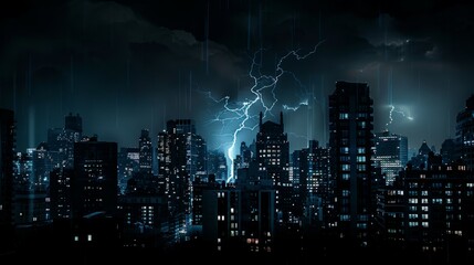 A stunning photo of a city skyline at night, with a dramatic lightning bolt striking in the distance. The silhouette of buildings against the dark sky is a captivating visual - Powered by Adobe
