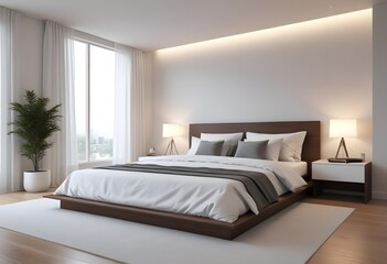 Modern minimalist bedroom. contemporary interior. 