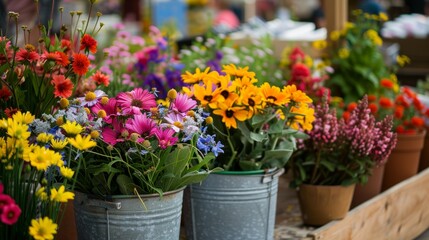 A vibrant display of colorful flowers in containers at a bustling spring farmers market