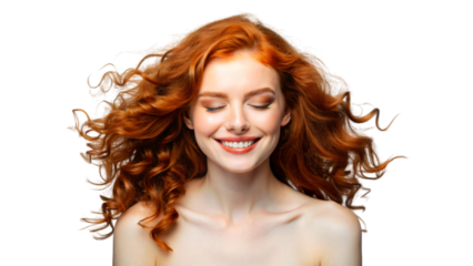 A close-up portrait of a red haired woman with beautiful skin and hair