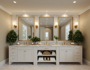 a high-quality 3D render of a luxurious bathroom featuring a spacious vanity with two sinks and a large mirror. Use premium materials such as marble countertops, sleek fixtures, and a glass-enclosed