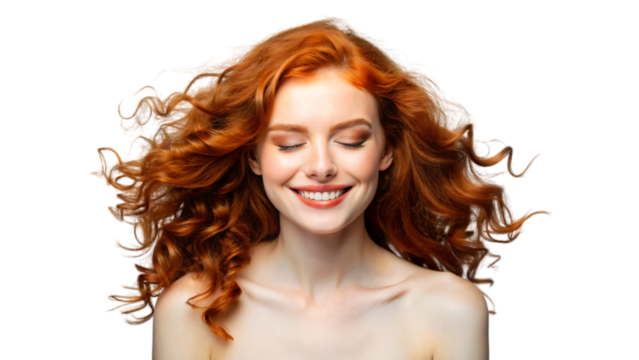 A close-up portrait of a red haired woman with beautiful skin and hair