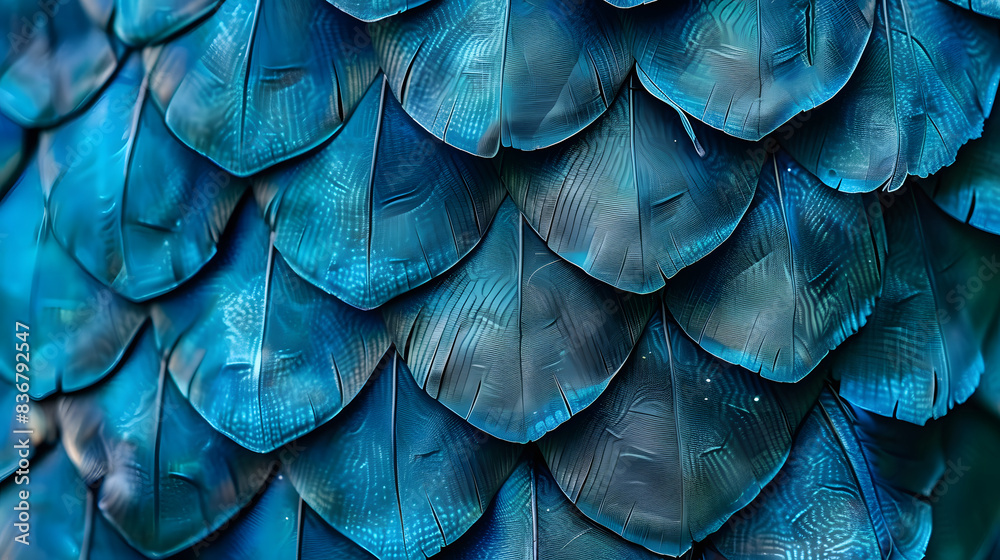 Wall mural Close-up of overlapping blue fish scales with a metallic sheen and intricate patterns.