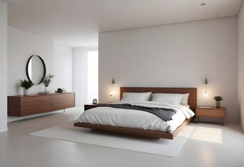 Minimal Scandinavian contemporary bedroom with sunlight. Simplistic Home	
