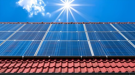 A solar panel system is installed on a red roof. The panels are blue and are angled to catch the sun