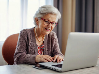 Senior woman working with laptop, shopping online, making call. Importance of digital literacy for elderly people.