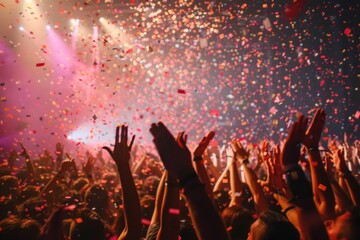 Crowd cheering and clapping under falling confetti at concert