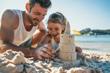 Father and daughter building sandcastle on beach