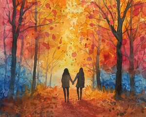 Friends holding hands and walking through a colorful forest path, watercolor leaves falling around them, Watercolor, Warm, Whimsical