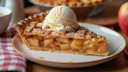 Classic Apple Pie Slice with Vanilla Ice Cream: Gingham Tablecloth Background with Copy Space