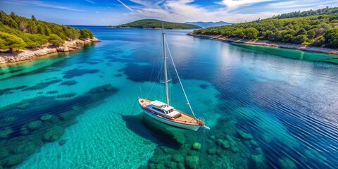 Aerial view of a luxurious sailing yacht gliding through crystal-clear waters in the Croatian sea on a sunny day, luxury, yacht, sailing, boat, aerial view, Croatia, sea, sunny day, travel
