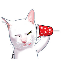 Playful White Cat with Toy Cup