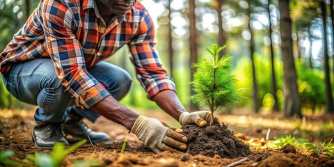 Image of hands of African American person planting trees for reforestation in a forest setting - Powered by Adobe