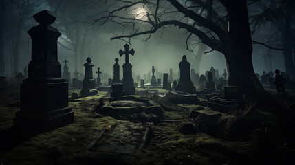 Foggy Cemetery at Night with Glowing Candle and Crosses