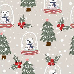 Seamless Christmas pattern with a bear in a glass jar, Christmas trees and berries on a brown background, suitable for Textile and printed wallpapers