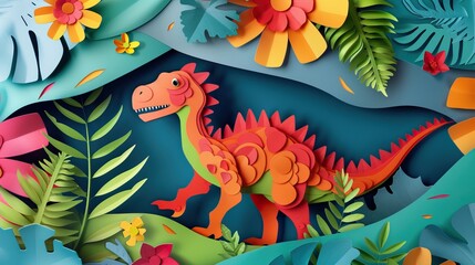 Vibrant paper art dinosaur surrounded by colorful plants flowers nature creativity