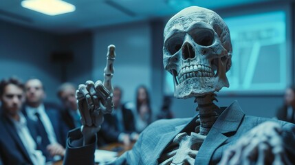 Fototapeta premium Skeleton in business suit giving a presentation in a conference room with colleagues