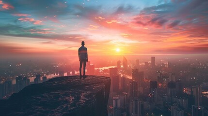 Fototapeta premium Silhouette of person standing on mountain peak at sunrise above the clouds