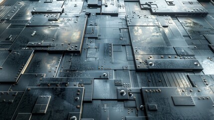 Futuristic metallic abstract geometric background with intricate patterns and textures, ideal for technology and industrial design concepts.