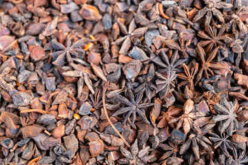 A closeup view of abundant star anise pods