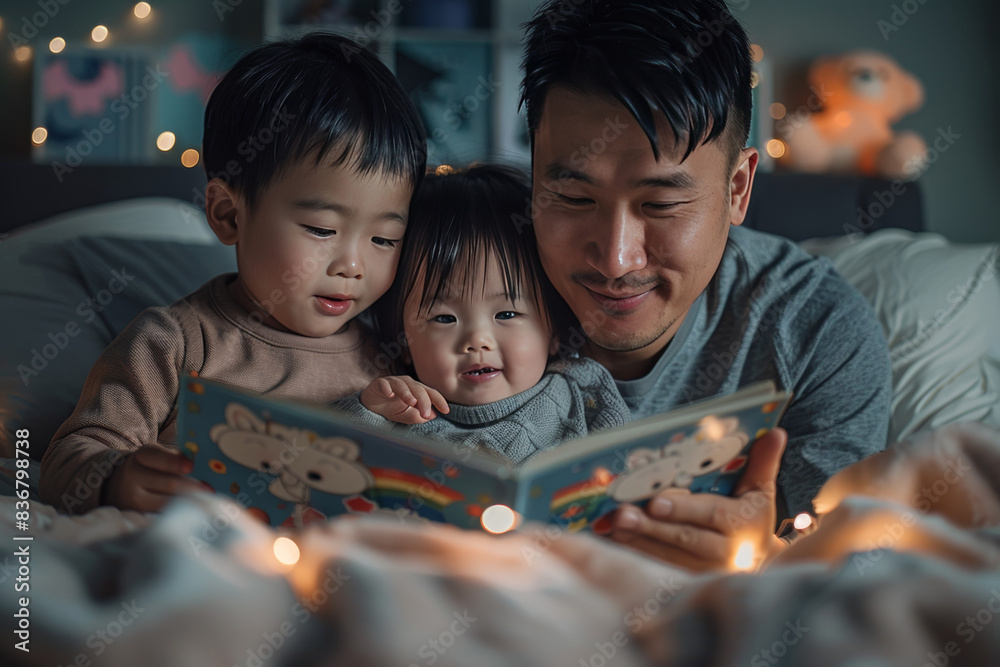 Wall mural Asian dad reading a bedtime story to his children, all snuggled up in bed