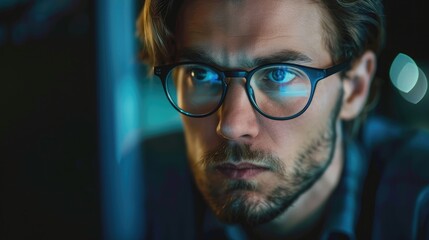 Businessman in glasses focused intently on a computer screen