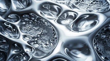 Abstract liquid metal texture with organic shapes and bubbles. High-resolution close-up of silver surface, perfect for backgrounds and design.